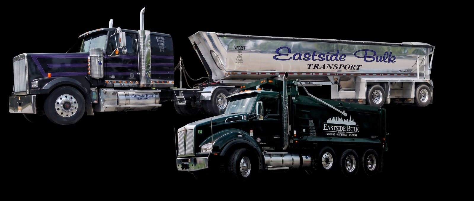 Two Eastside Bulk trucks: a black and purple tractor with an Eastside Bulk Transport end-dump trailer, and a green tri-axle dump truck with the Eastside Bulk logo