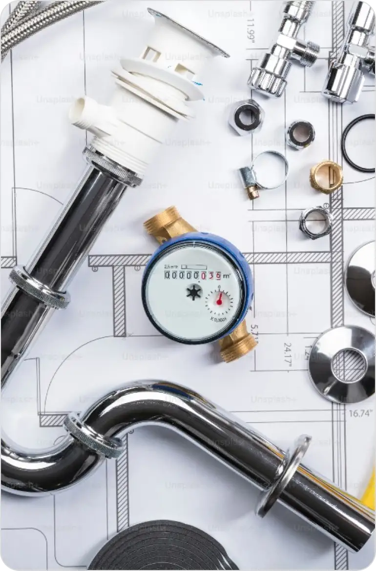 Plumbing fittings on a blueprint